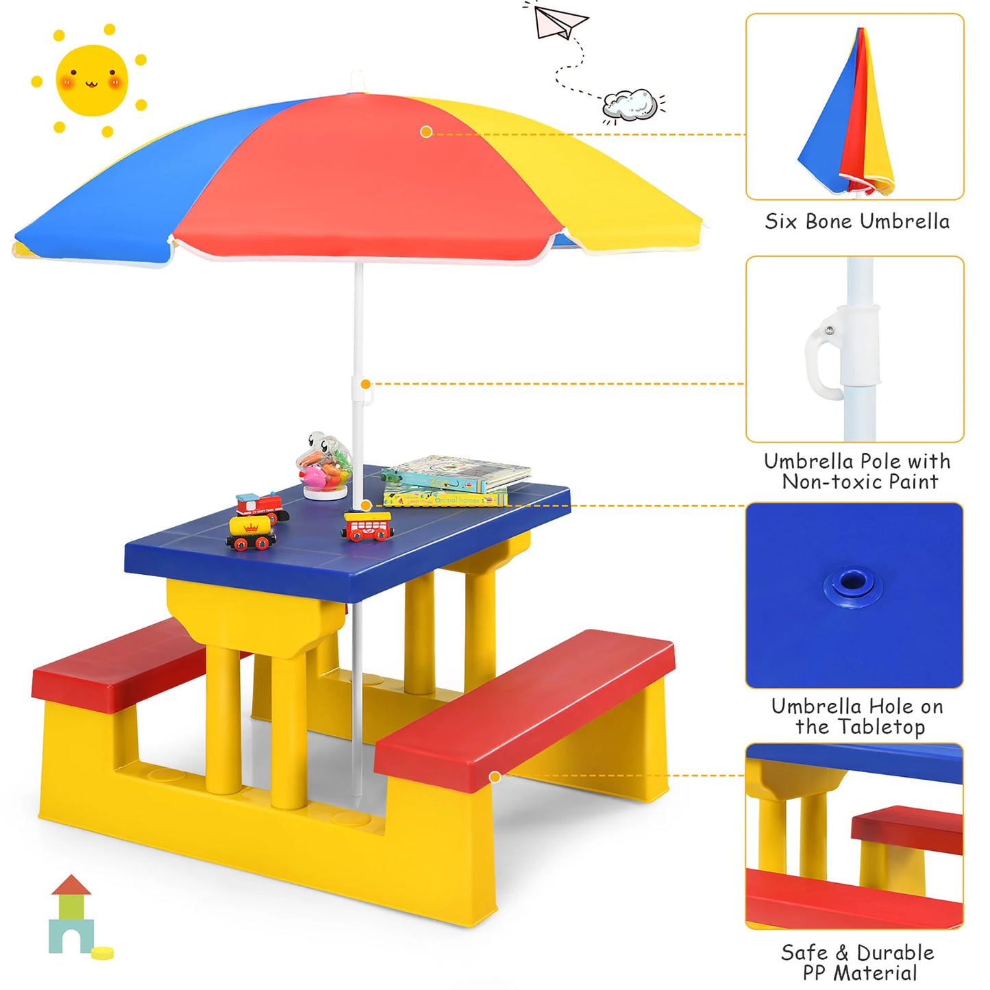 Kids Picnic Table Set with Removable Umbrella