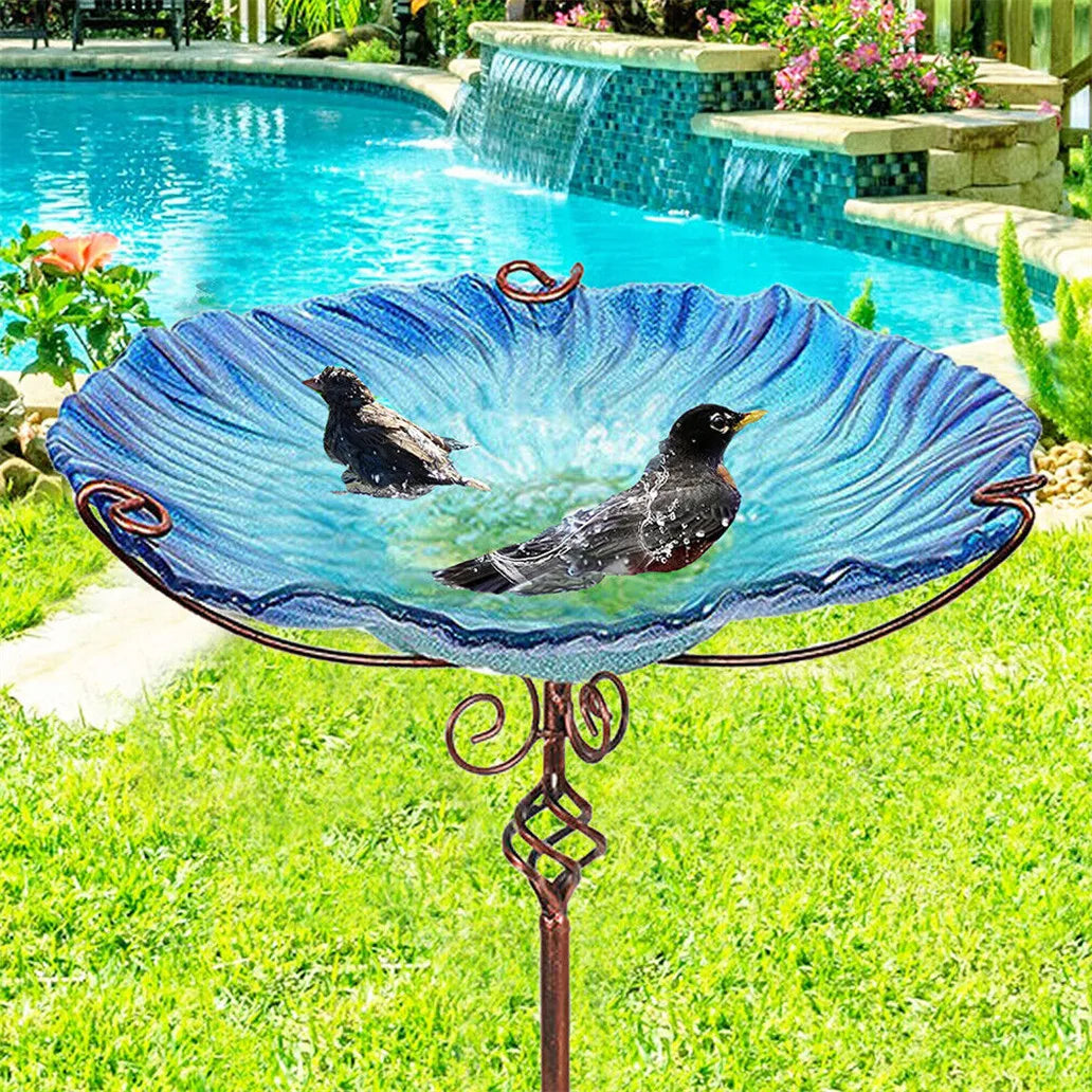 Glass Birdbath Fountain 4-Prong Freestanding Bowl with Stake
