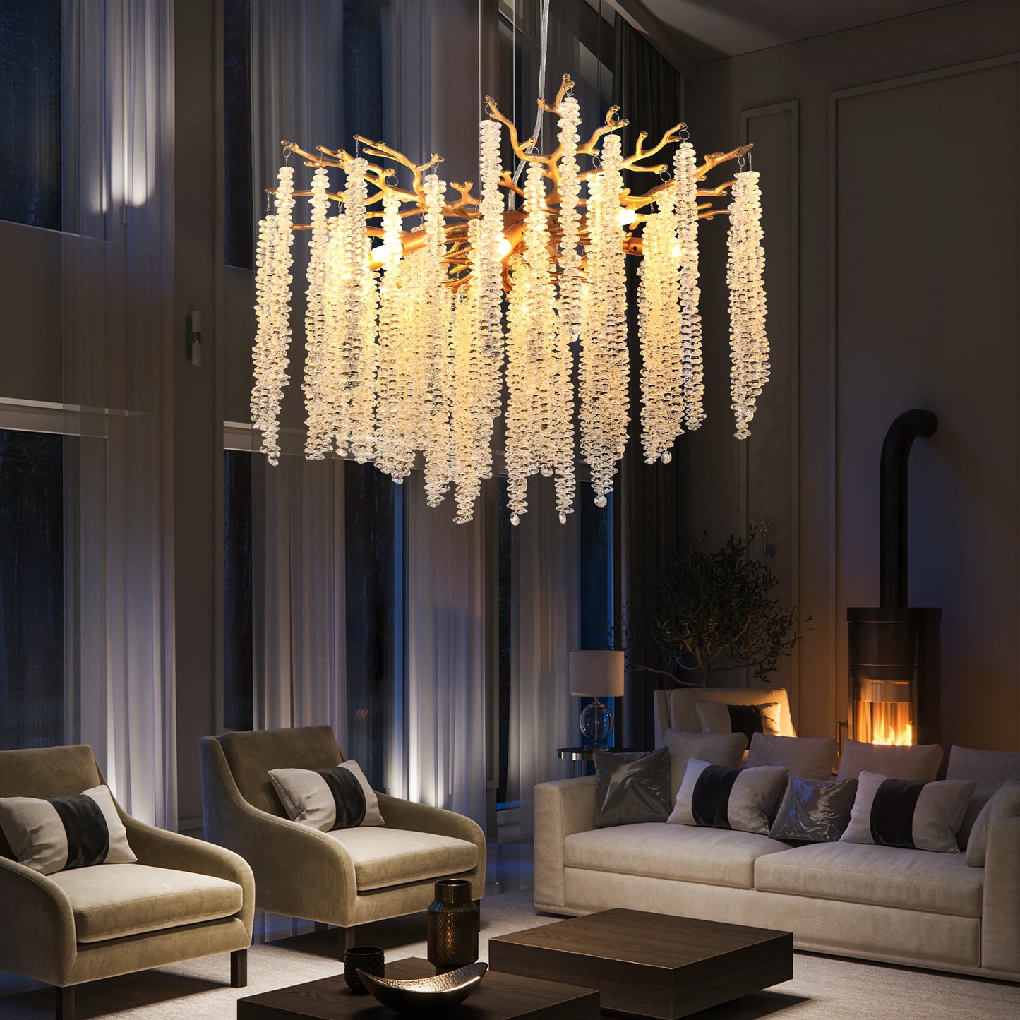 Modern Golden Chandelier with Cascading Crystal Strings
