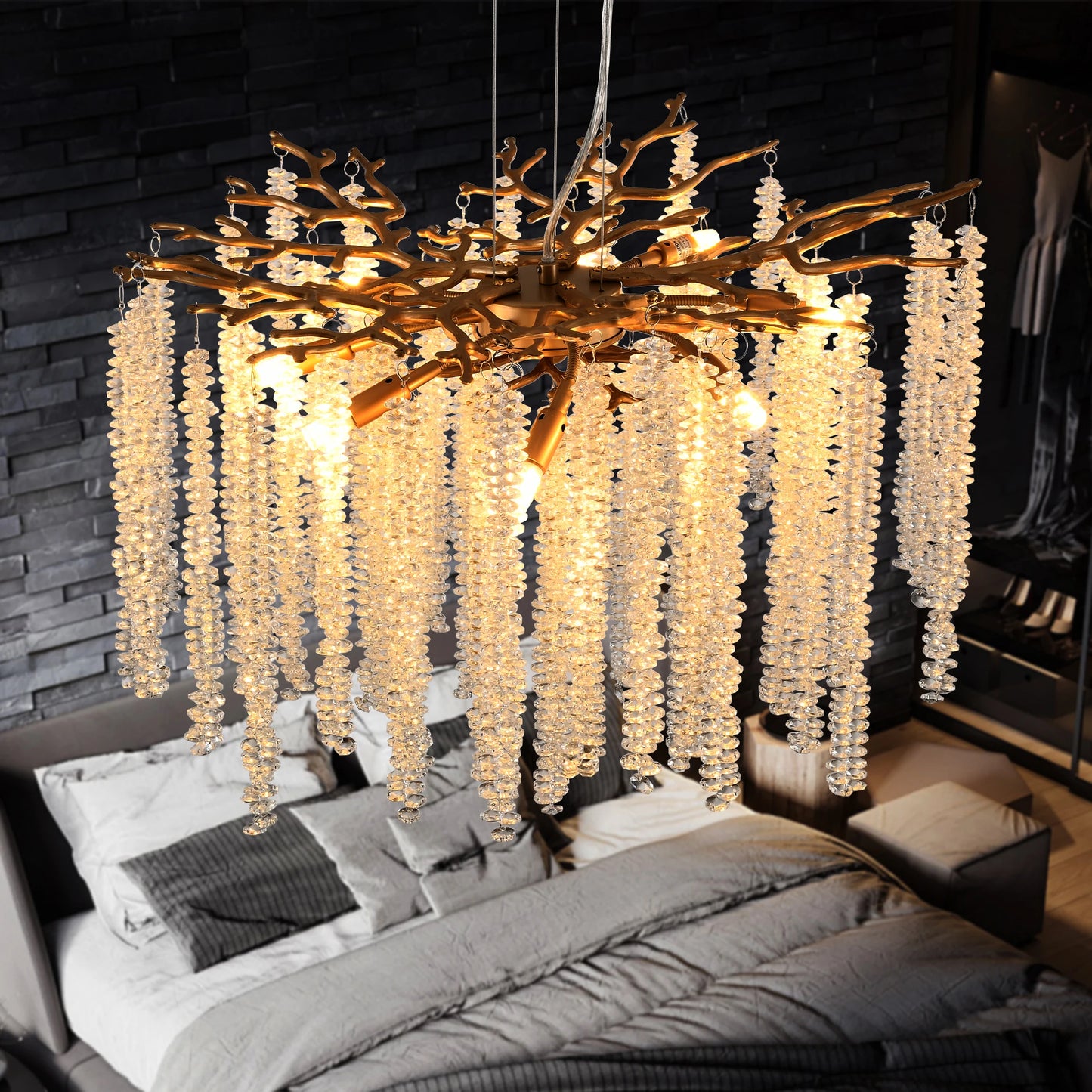 Modern Golden Chandelier with Cascading Crystal Strings