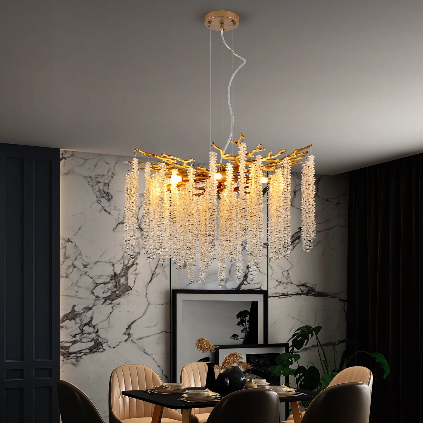Modern Golden Chandelier with Cascading Crystal Strings