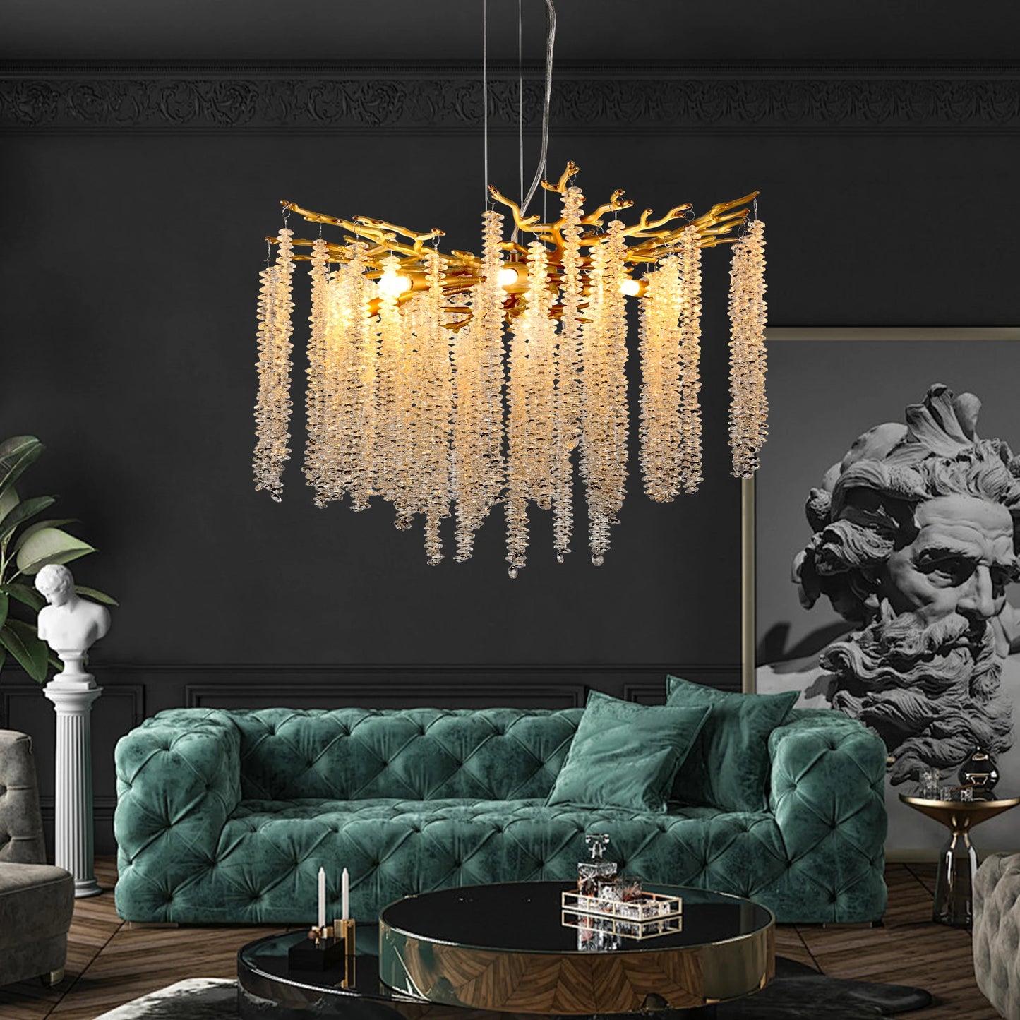 Modern Golden Chandelier with Cascading Crystal Strings