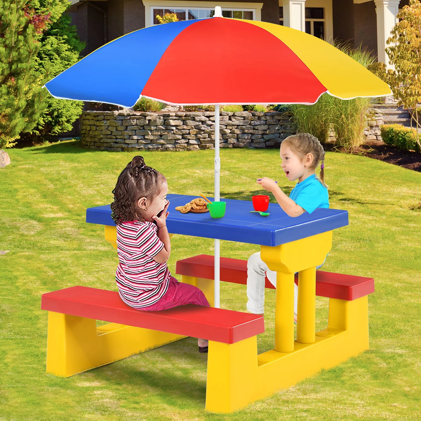 Kids Picnic Table Set with Removable Umbrella